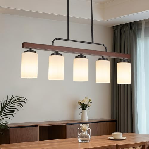 Farmhouse Wood Dining Room Light Fixture Over Table with Milk Glass Shade (Milk Glass / 5-Light)