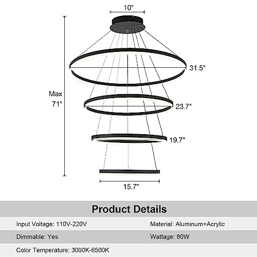 Modern LED Chandeliers High Ceilings (Black / 4-rings/D31.5in)