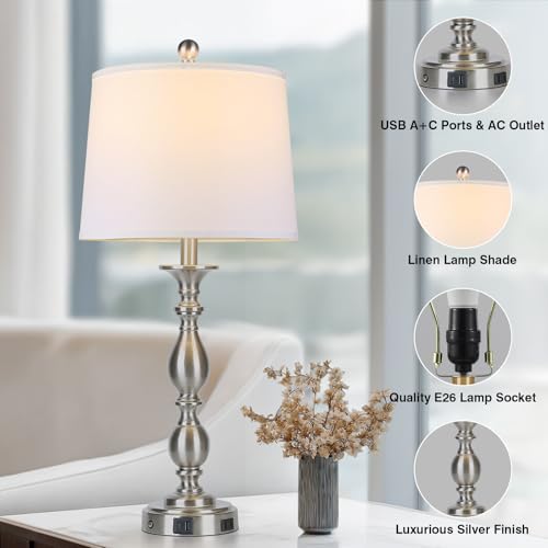 28" Tall Modern Table Lamps Set of 2 with USB A+C Ports and AC Outlet (Silver-2 Pack)