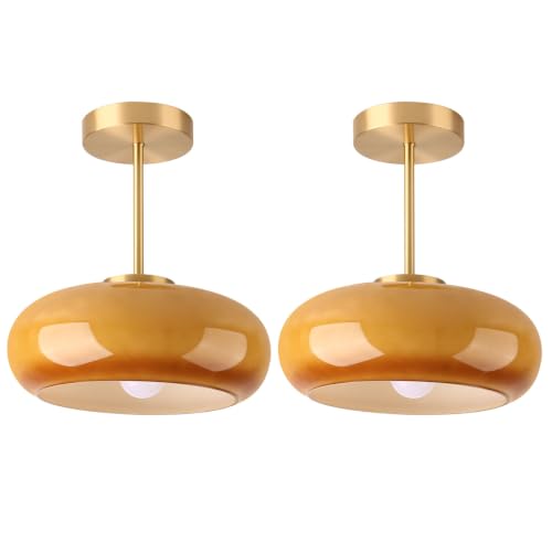 Gold Brass Semi Flush Mount Ceiling Light Orange Glass Ceiling Lamp (Orange-2)