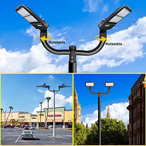 Double Bullhorn Bracket LED Parking Lot Light 180 Degree Mounting Bracket Round Pole Double L Mounts Tenons for 2 Pack Dusk to Dawn Outdoor LED Shoebox Area Light Street Lighting Stadium fixture (Bullhorn Bracket-1 Pack-Pole Mount)