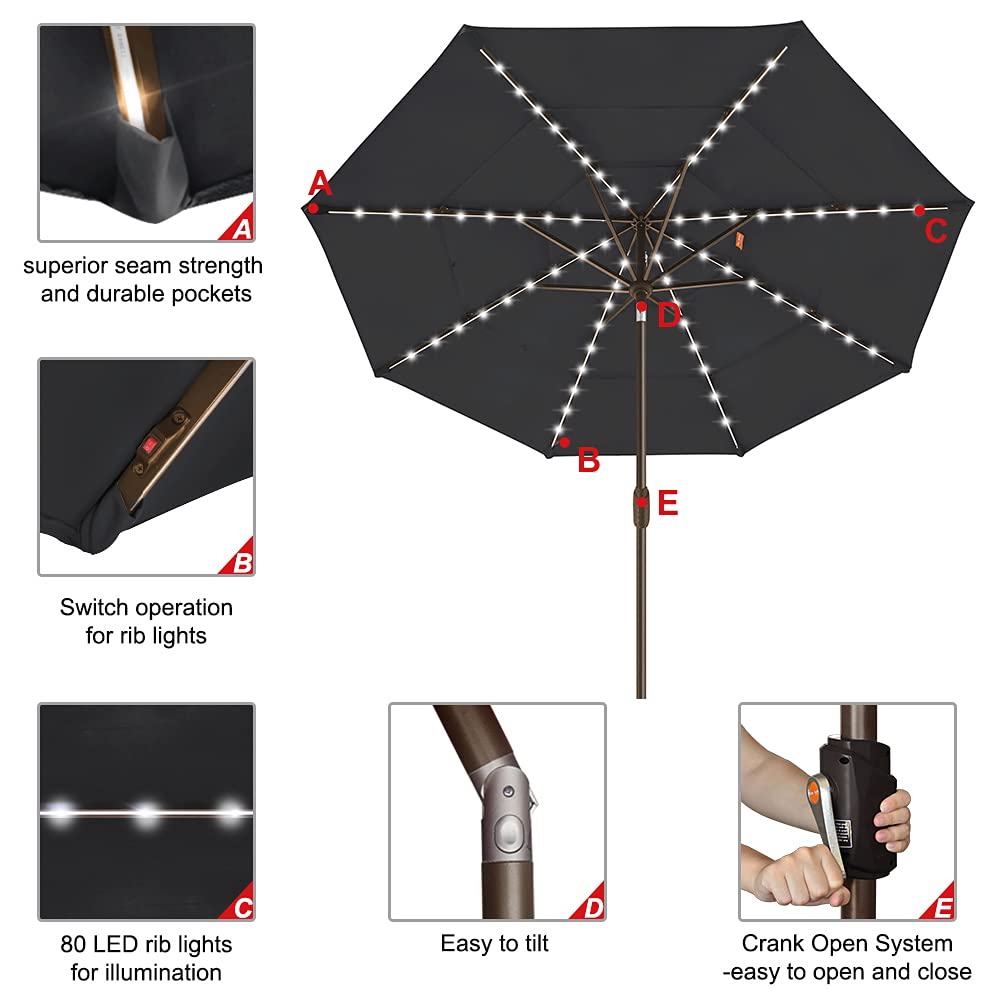 USA 10-Year-Non-Fading Solar Market Umbrella with 80 LED Lights Patio Umbrellas Outdoor Table Umbrella with Ventilation, Black, 9 FT(Triple Vents Tilt) (Black / 9 FT(Triple Vents Tilt))