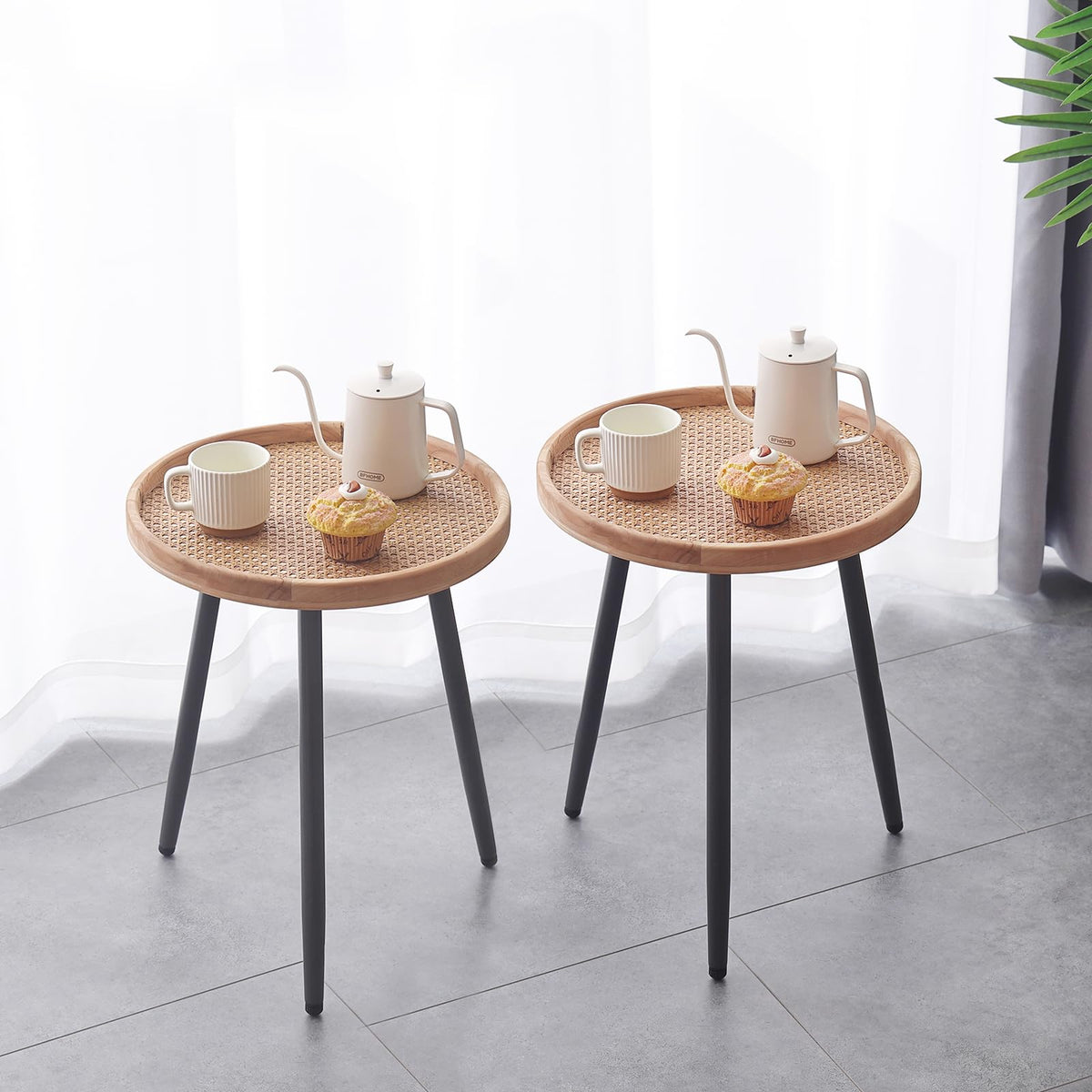2 Pack Rattan Round Side Tables (Wood Rattan)