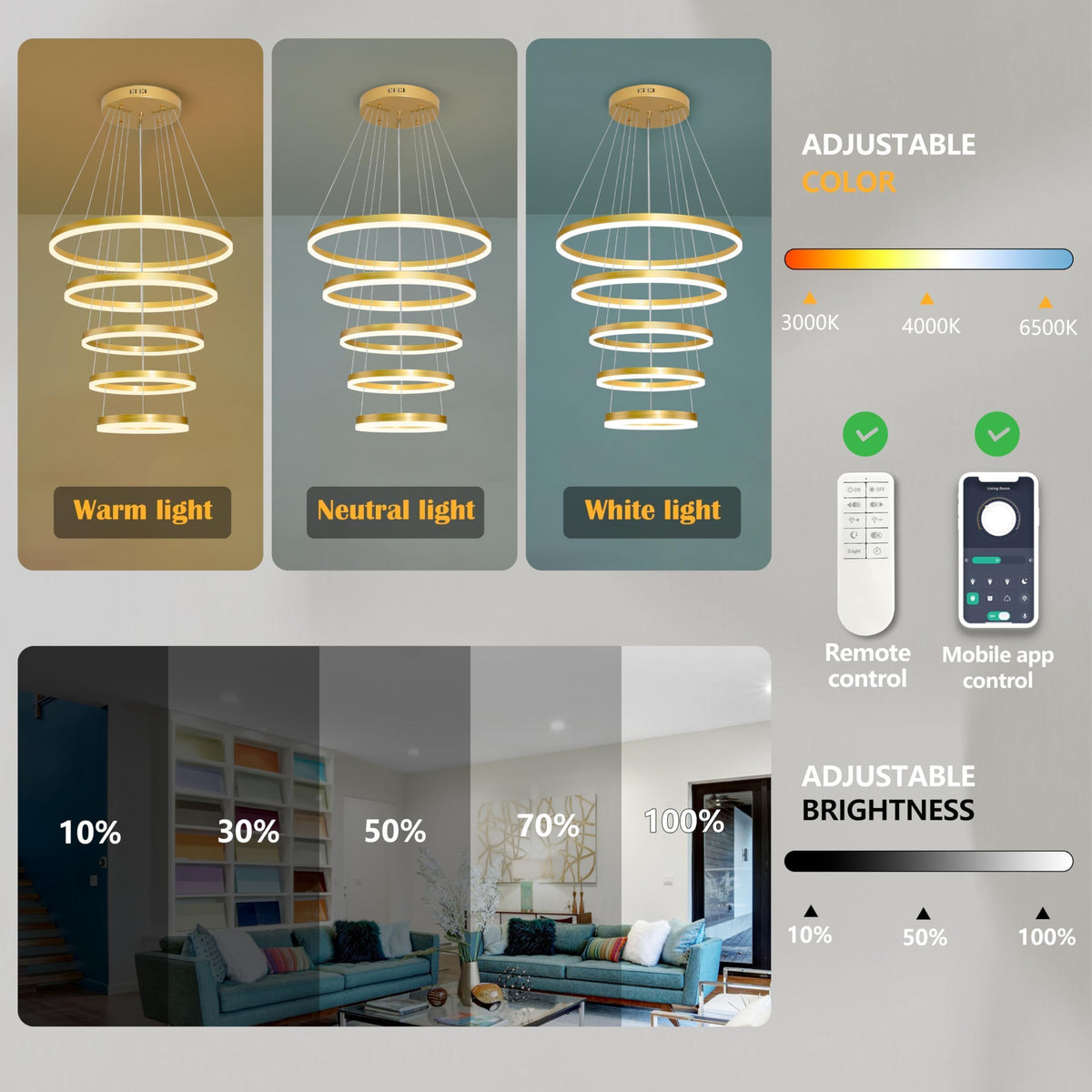 5 Rings Pendant Lights Modern Gold Led Chandelier Gold Modern Led Pendant Light Dimmable Height Adjustable Chandeliers for Dining Room Bedroom Entryway Living Room Foyer (Gold / 5Ring-23.6")