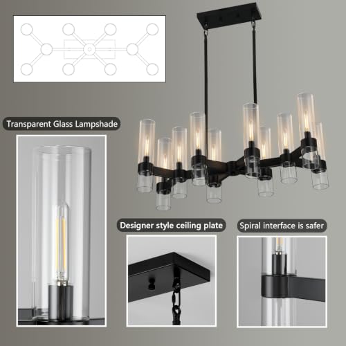 10 Light Black Chandeliers for Dining Room with Clear Glass Shade (Black / 10-Light L32")