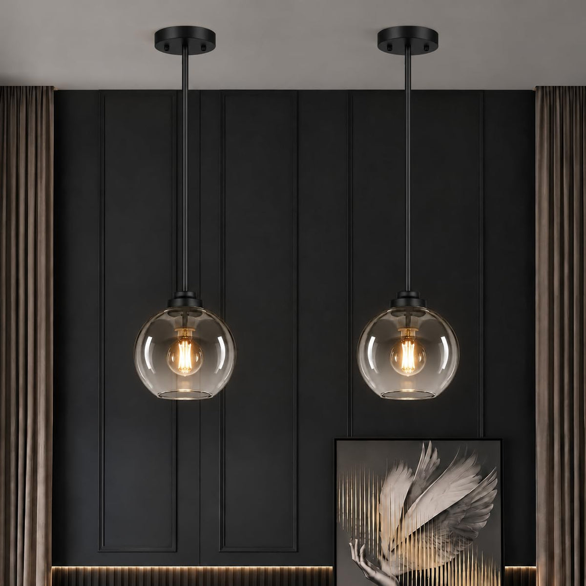 2 Pack Modern Globe Pendant Lights Kitchen Island Gradation Gray Glass (Matte Black + Gradient Gray Glass 2 Pack)