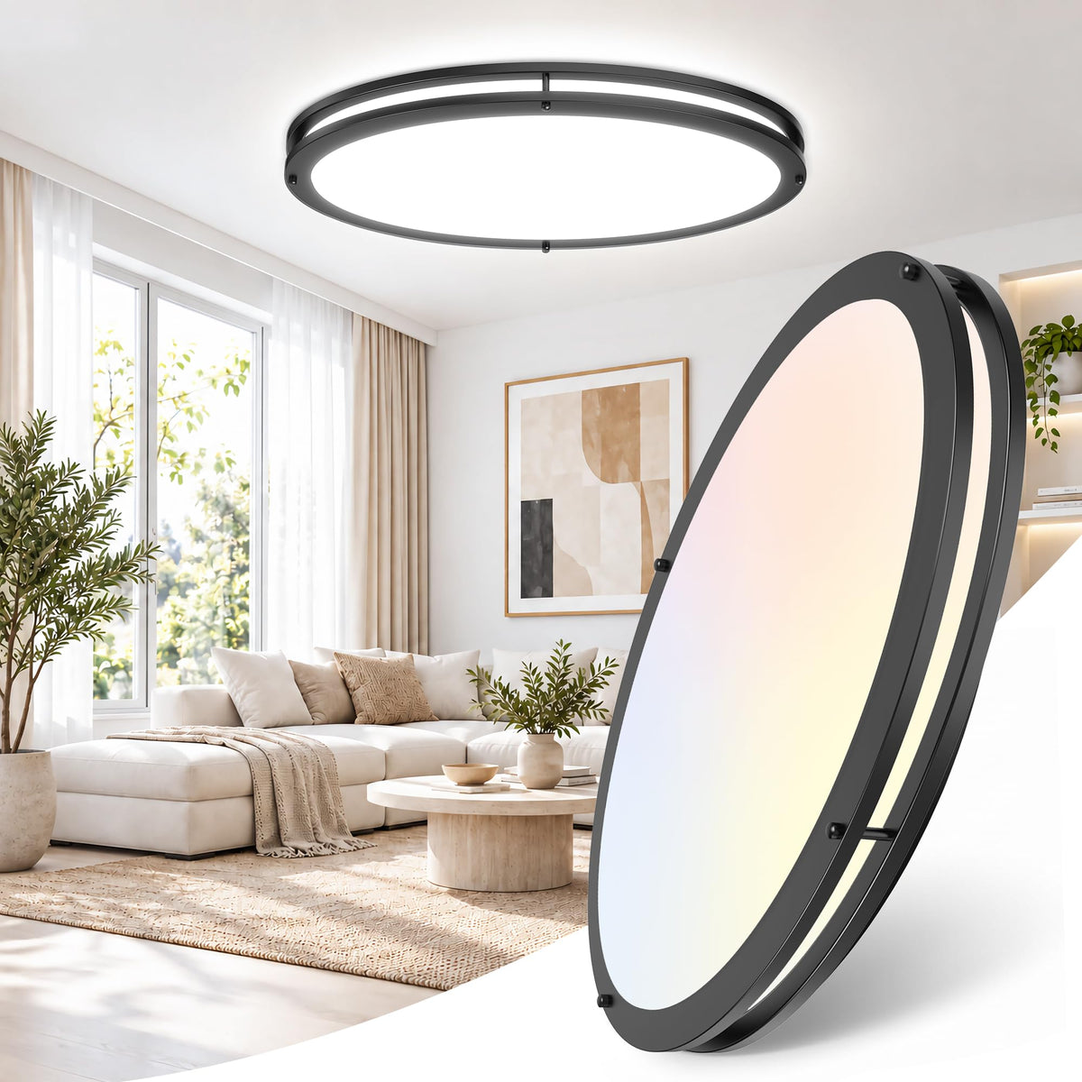 24 Inch Oval Flush Mount Ceiling Light Fixtures 40W 5CCT Selectable (Black / 24 Inch)