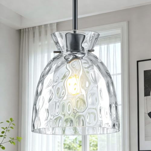 7.5" Black Hammered Glass Pendant Lights Kitchen Island Lighting 1 Pack E26 (1-Pk Black / D7.5" / Upgrade Rods)