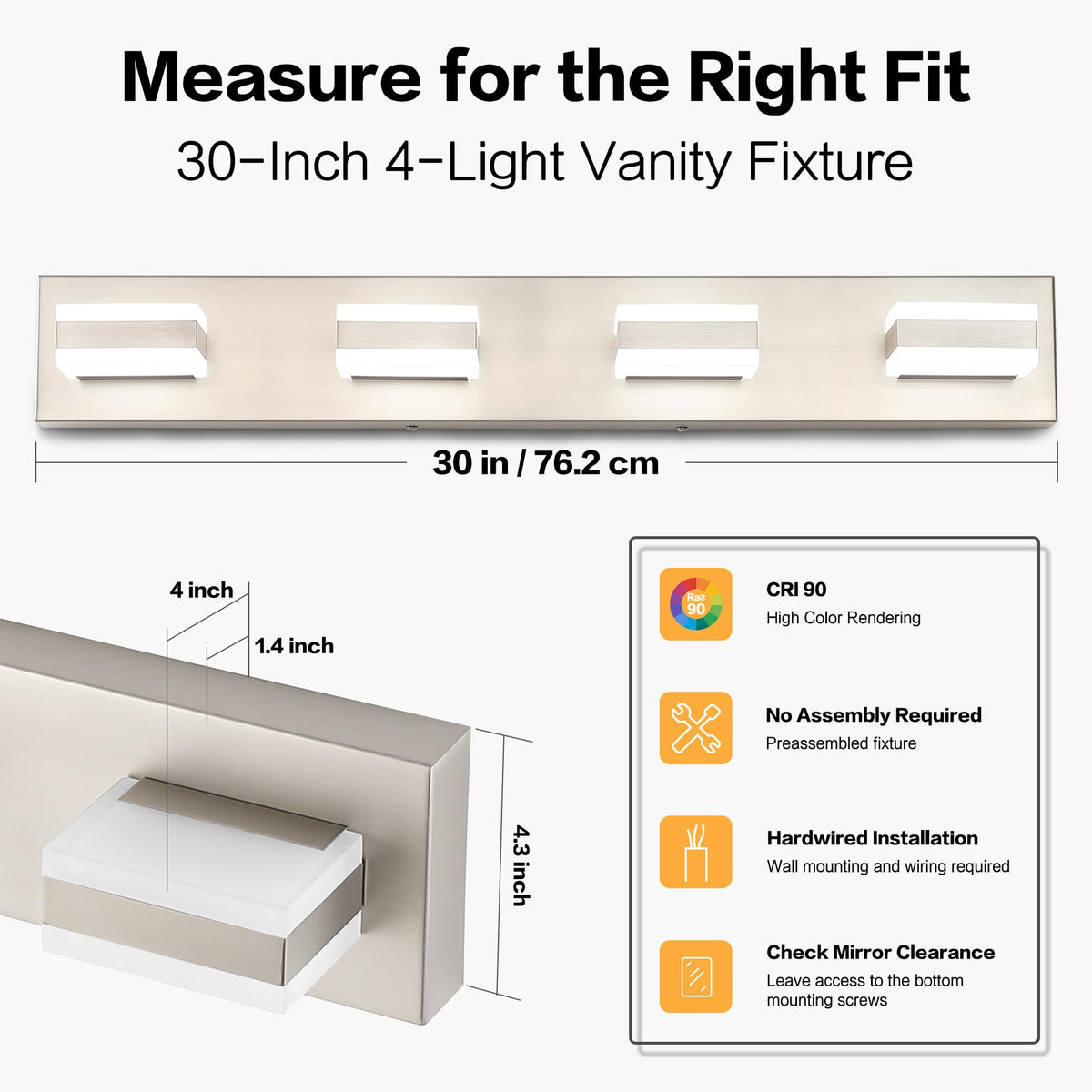 30 Inch Bathroom Vanity Lights Brushed Nickel Light Fixtures for Bathroom Above Mirror 4 Light Led Lights Bath Lighting Fixture Nickel ETL Listed (Brushed Nickel,6000K & 100% -0% Dimmable Brightness / 4- Light,30Inch)
