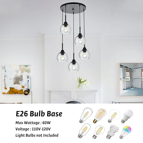 5 Light Cluster Pendant Light with Striped Swirl Globe Glass Black Pendant Lighting for Kitchen Island (Transparent / 5-Light-Round Cluster)