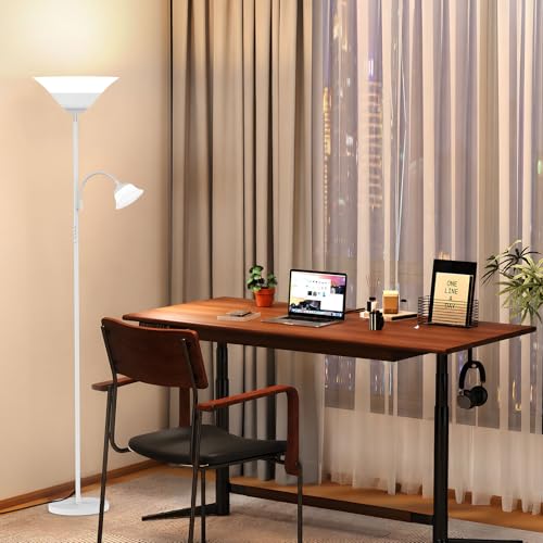 2-in-1 Torchiere Floor Lamp, 34W Super Bright LED Standing Lamp with Remote & Touch Control, 72" Dimmable Adjustable Corner Reading Lamp for Living Room, Bedroom, Office, White (White)