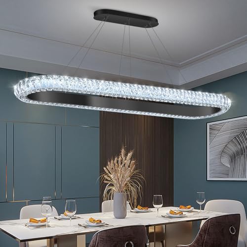 47'' Oval Ring Crystal Chandelier Modern LED Dimmable Ring Pendant Light Chandelier for Dining Room Living Room Black (Black / 1 Ring Oval 47")