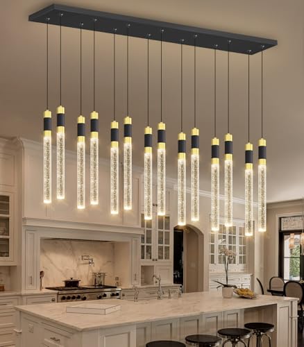 14 Lights Modern Rectangular Chandeliers for Living Room LED Dimmbale Light Fixture for High Ceiling Pendants Lighting for Dining Room (14 lights Rectangular)