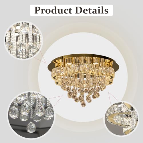 24in Modern Gold Crystal Chandelier for Dining Room Living Room Flush Mount Ceiling Chandeliers for Enrance LED Dimming 2700k 4500k 6000k (Gold / 24inch)