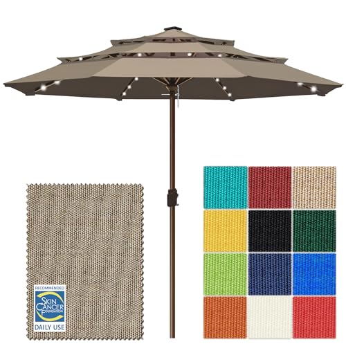 USA 10-Year-Non-Fading 10ft 3-Tier Market Patio Umbrella, Commercial Table Umbrella with 80 Solar LED Lights, Crank Open, Windproof & UPF 50+ UV Protection for Garden, Deck, Pool, Backyard, No Tilt, Mushroom (Mushroom / 10FT(Triple Vents No Tilt))