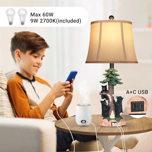 Rustic Farmhouse Climbing Bear Table Lamps Set of 2 for Living Room with USB A+C (Farmhouse)