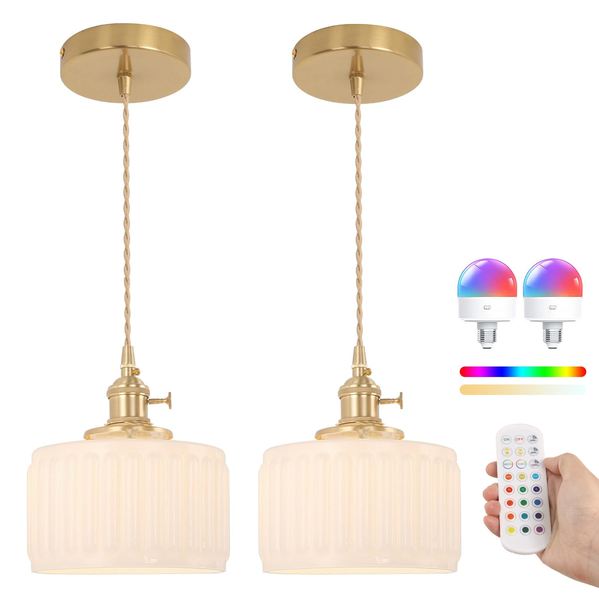 Battery Operated Pendant Light 5000mAh Rechargeable Chandelier with Remote Control Wireless Adjustable Hanging White Striped Light for Kitchen Island Dining Room Hallway (Z-Striped White)
