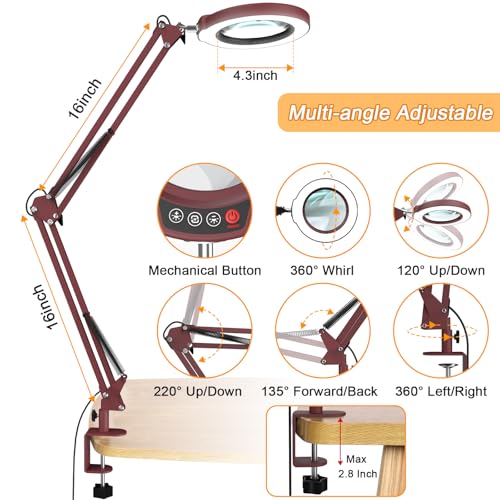 12X Large Magnifying Glass with Light and Clamp (Red / 12X 32inch Clamp)