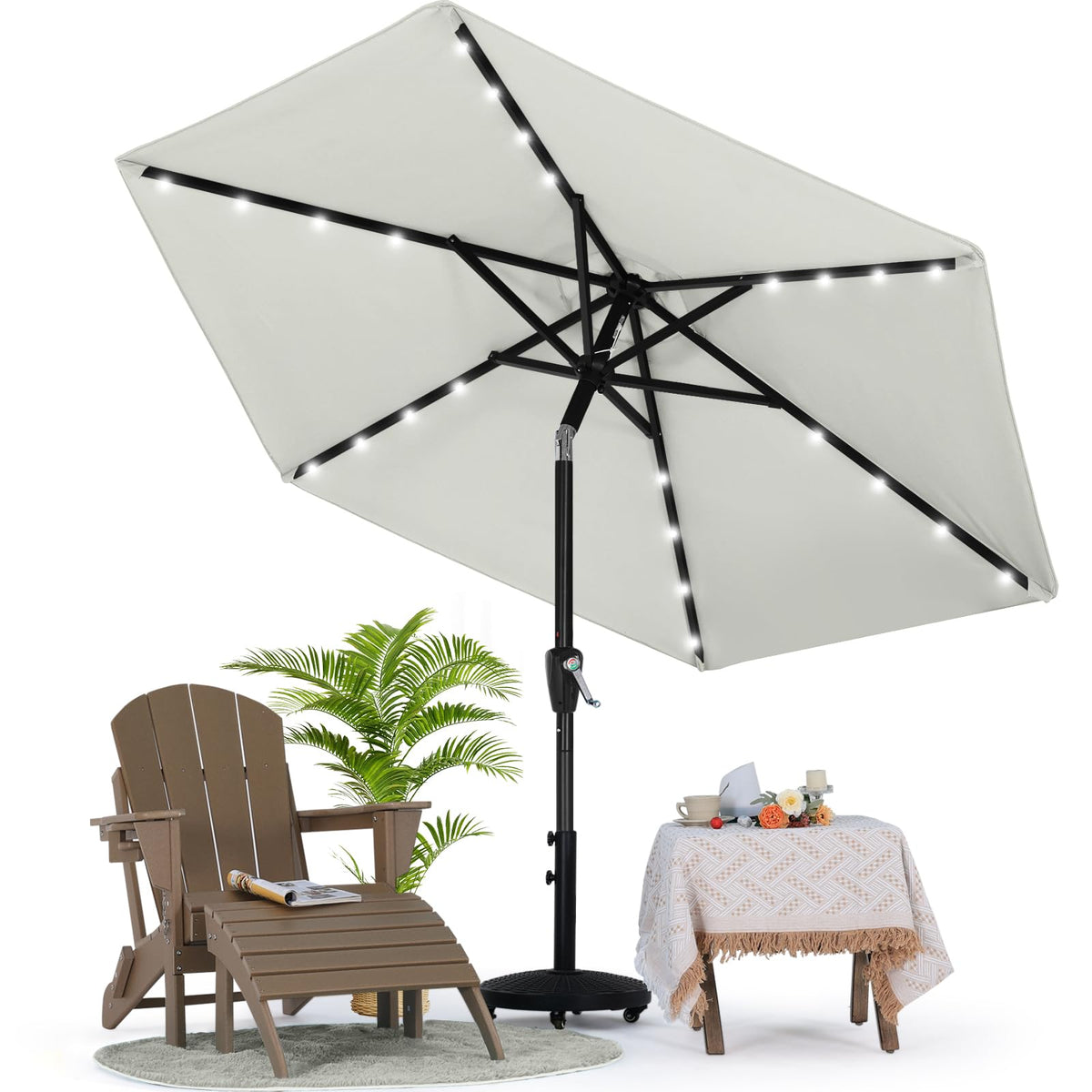 7.5ft Patio Umbrella with Solar Lights (Light Gray / 7.5FT)