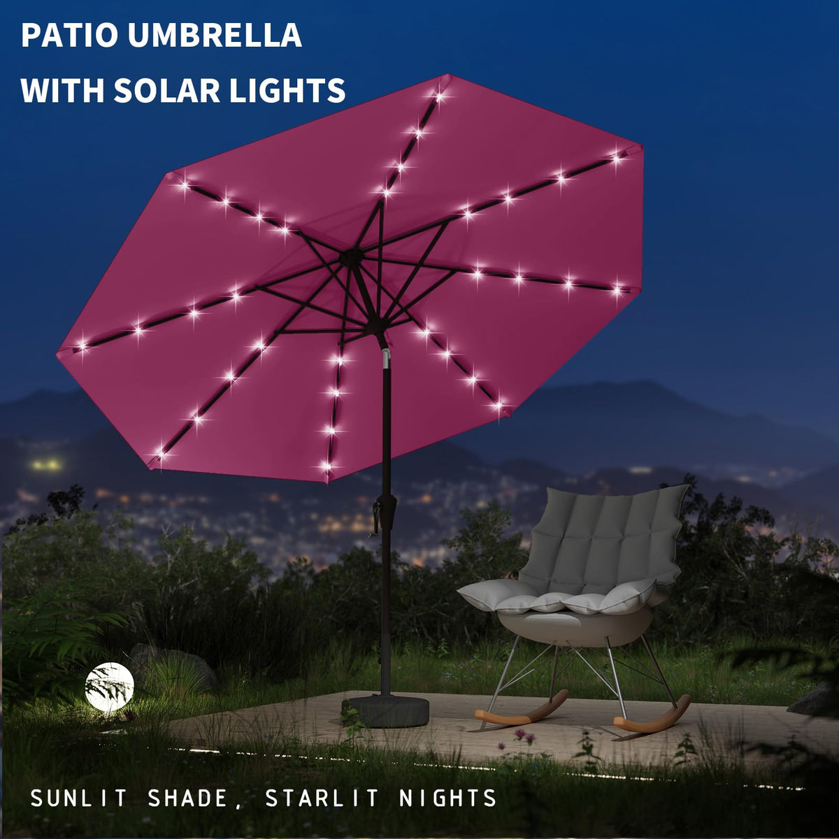 9FT Patio Umbrella with Solar Lights (Rose Pink)