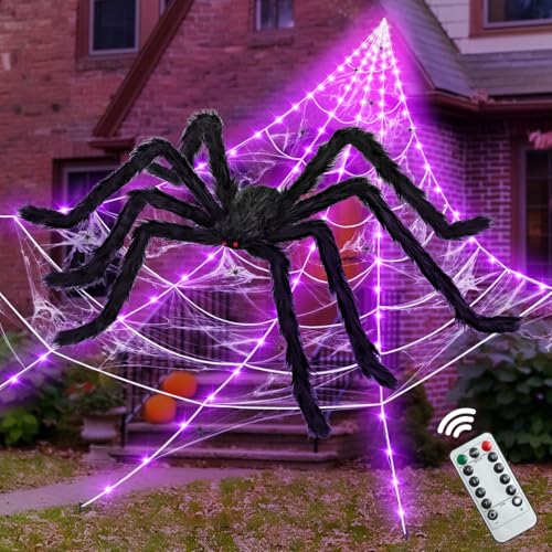 200" Halloween Decorations Light Up Spider Web with 250 LED Lights Decor (Halloween Web with Spider)