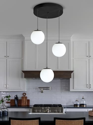 3 Light Globe Pendant Light Modern White Globe Glass Chandelier Black Hanging Fixture for Kitchen Island Foyer Hallway Dining Room (Black-White / Globe 3-Light)