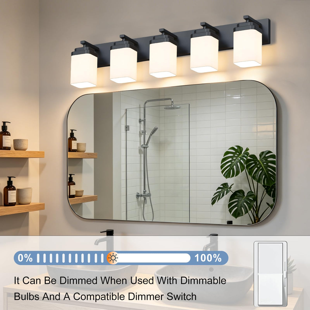 Matte Black Bathroom Light Fixtures (Black, Milky Shade / 5-Light, 36-inch)