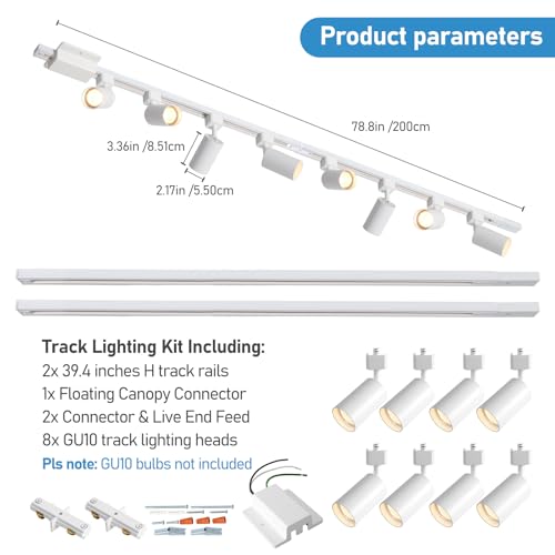 8 Light LED Track Lighting Kit with 6.6FT H Track Lighting Rails & Floating Canopy Connector (White / 8 Lights)