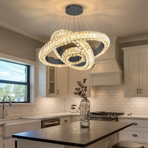 23.6" 3 Ring Crystal Chandelier Modern LED Dimmable Ring Pendant Light Round Chandelier for Dining Room Living Room Black (Black / 3 Ring Round 24")
