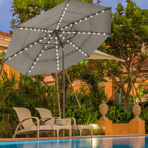 USA 10-Year-Non-Fading 9ft 3-Tier Market Patio Umbrella, Commercial Table Umbrella with 80 Solar LED Lights, Crank Open, Windproof & UPF 50+ UV Protection for Garden, Deck, Pool, Backyard, Taupe (Taupe / 9 FT(Triple Vents Tilt))
