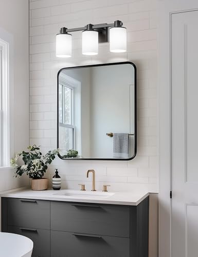 Bathroom Vanity Light Fixtures Over Mirror with Milk Glass Shade (Black & Milky White / 3-Light)