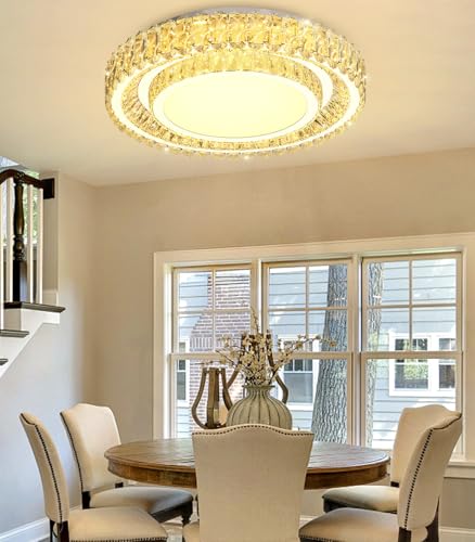 23.6" Dimmable Crystal Chandelier Modern LED Flush Mount Ceiling Light Fixtures for Living Room Bedroom Hallway Kitchen Island Staircase Silver (23.6" Silver)