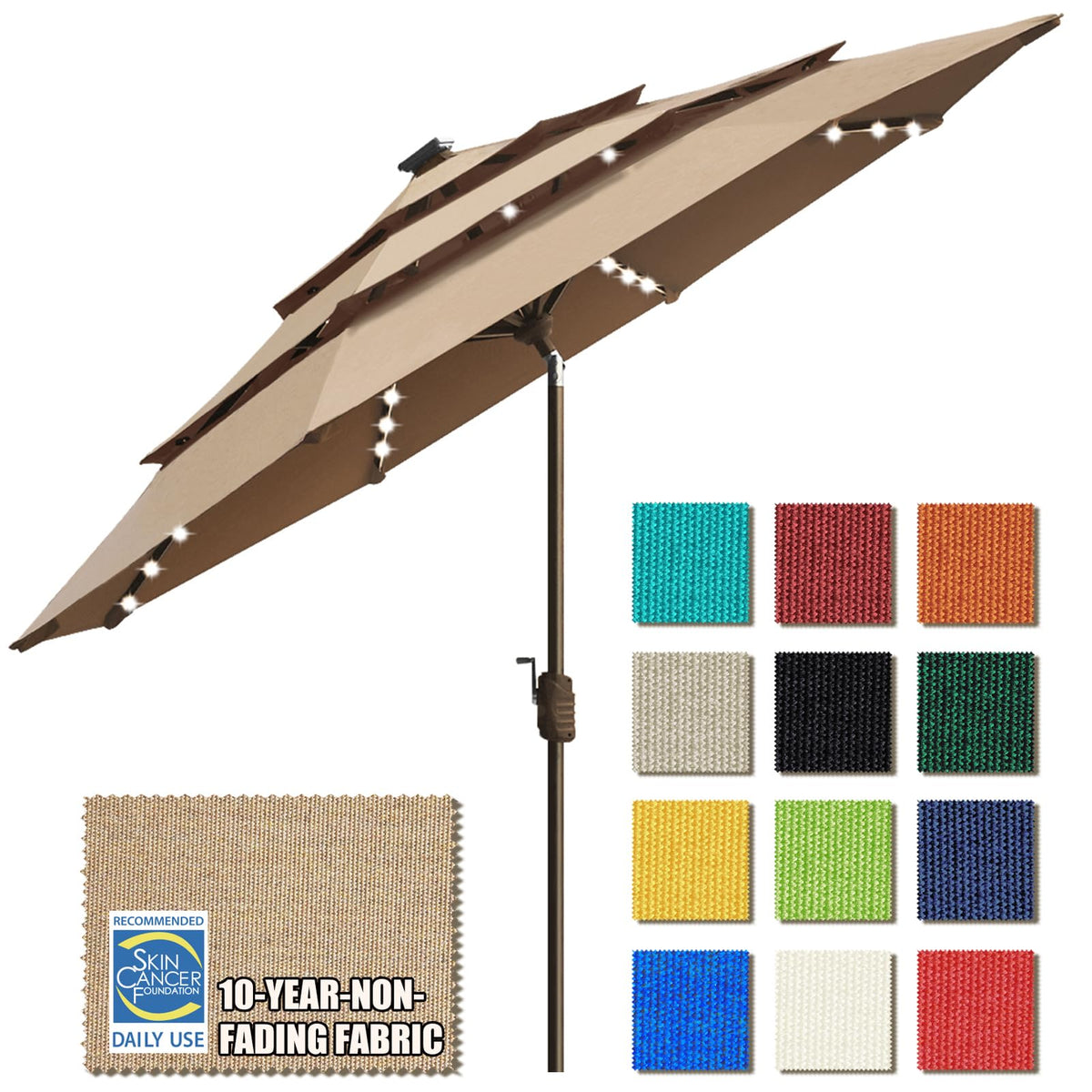 USA 10-Year-Non-Fading 9ft 3-Tier Market Patio Umbrella, Commercial Table Umbrella with 80 Solar LED Lights, Crank Open, Windproof & UPF 50+ UV Protection for Garden, Deck, Pool, Backyard, Heather Beige (Heather Beige / 9 FT(Triple Vents Tilt))