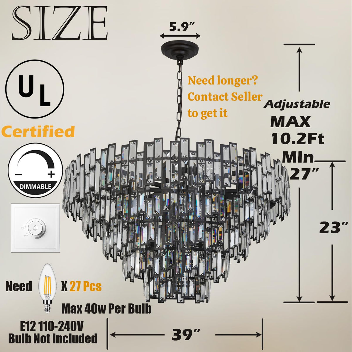 Large Chandeliers for High Ceilings Modern Farmhouse Black (39'')