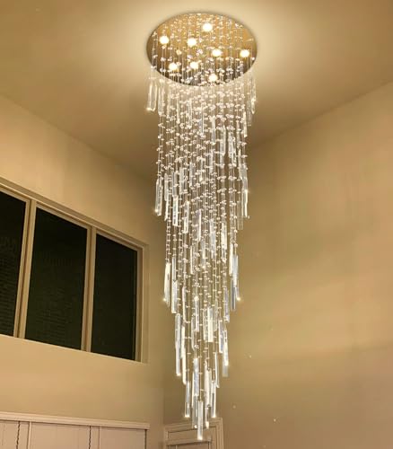 78'' Modern Crystal Chandelier High Ceiling Chandeliers for Entryway Large Raindrop Chandeliers LED Dimmable Flush Mount Light Fixtures for Staircaes Foyer Hallway Living Room LED Bulbs Included Gold (D24'' x H78'' Gold)