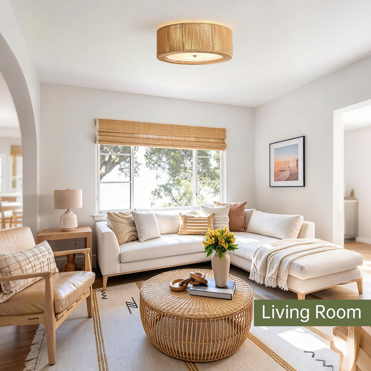 15.7" Boho Ceiling Light (Vertical Weave- Brown / 15.7")