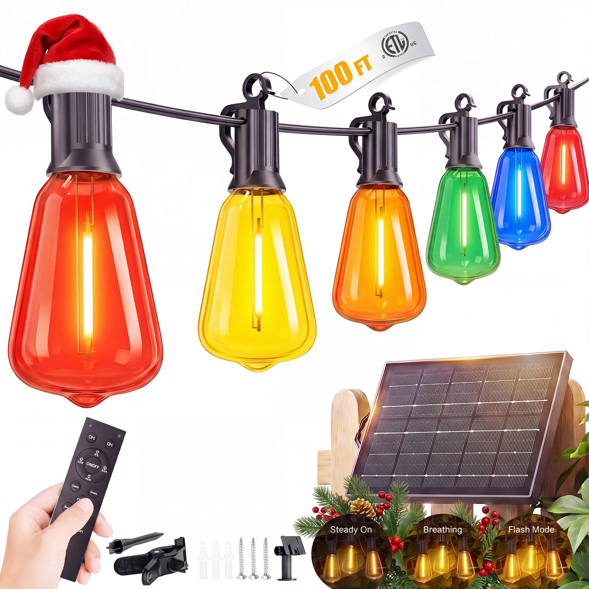 100FT Solar Christmas Lights Outdoor (100FT(31+2 Multicolor Sockets))