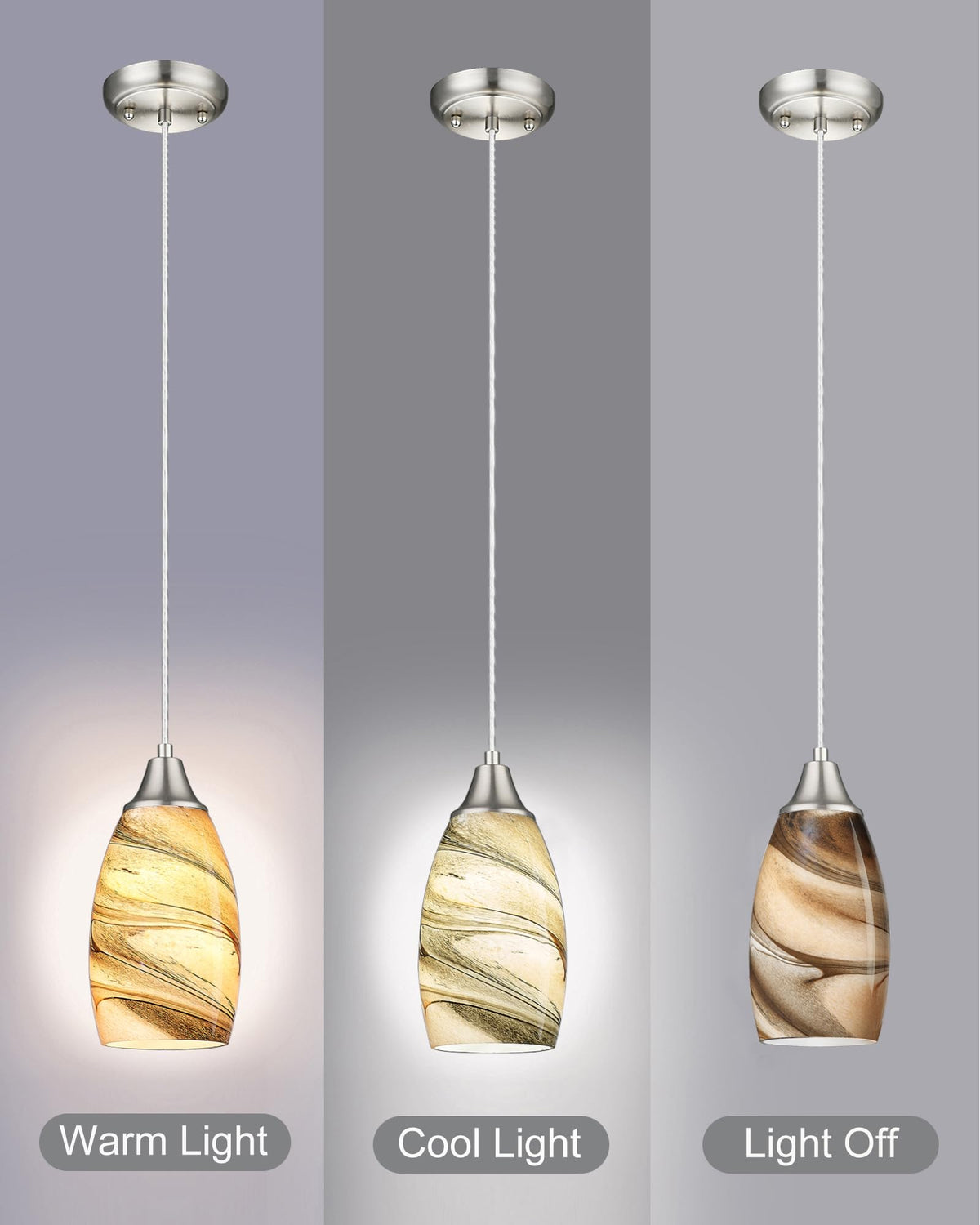 Mini Pendant Lights Kitchen Island Light Brown Glass Lamp Shade Hand Blown Glass Pendant Light with Brush Nickel Finish Adjustable Cord for Kitchen Over Sink (Light Brown-3Packs)