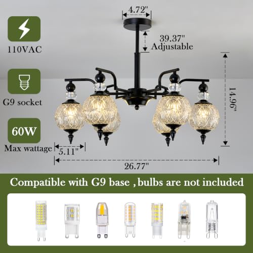 Modern Black Sputnik Chandelier 6 Lights Crystal Adjustable Hanging Ceiling Light Fixture Large Pendant Lighting with Glass Globe Shade for Dinning Room Living Room Bedroom Kitchen (Black / 6 light)