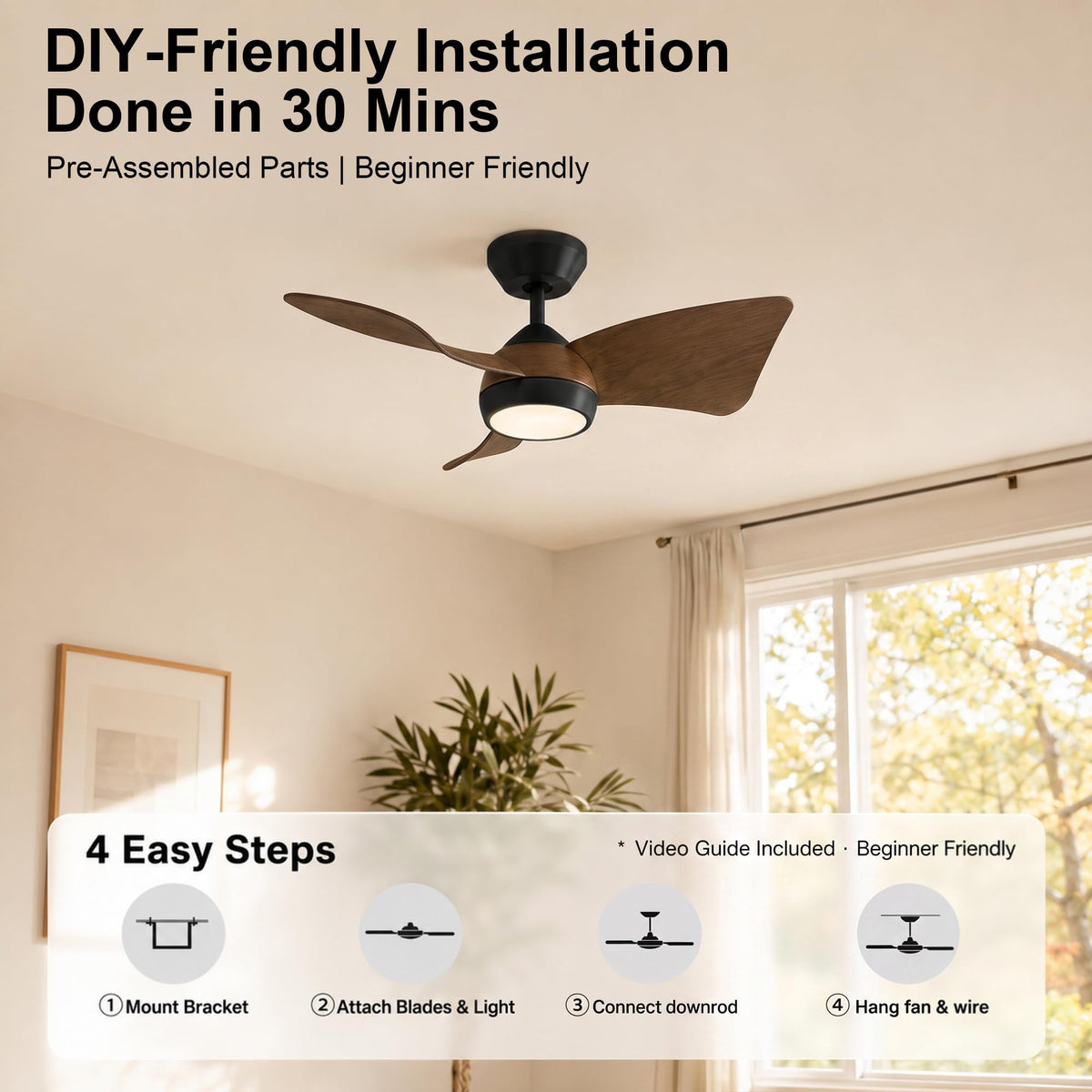 2 Pack 30" Small Ceiling Fan with Light (Black & Walnut / 30 Inch)