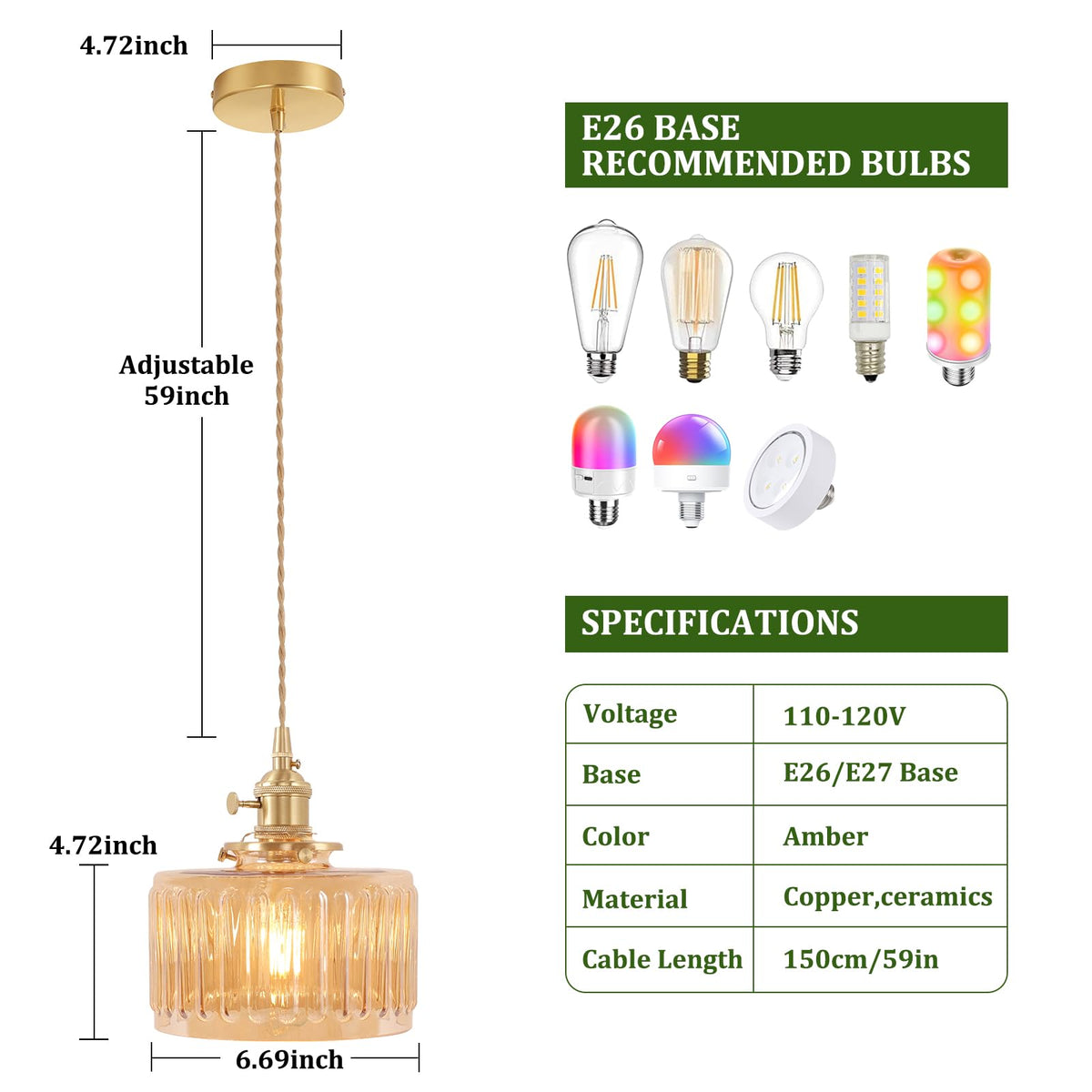 Pendant Light with Amber Striped Glass Lmapshade (Z-Striped Amber new)