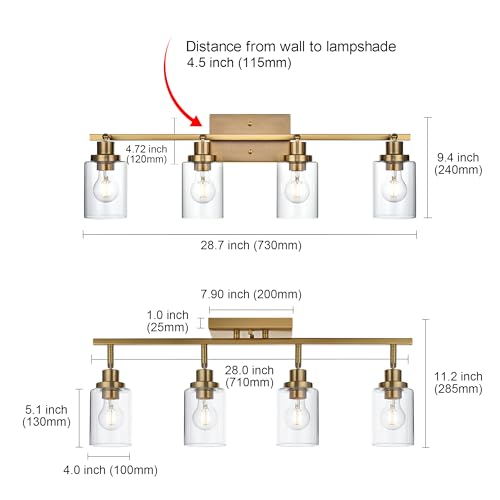 4 Light Track Lighting Kit Brass Bathroom Vanity Light Fixtures with Adjustable Track Head Ceiling Spotlight Fixture for Hallway Porch Foyer Storage (Brass / 4-Light)