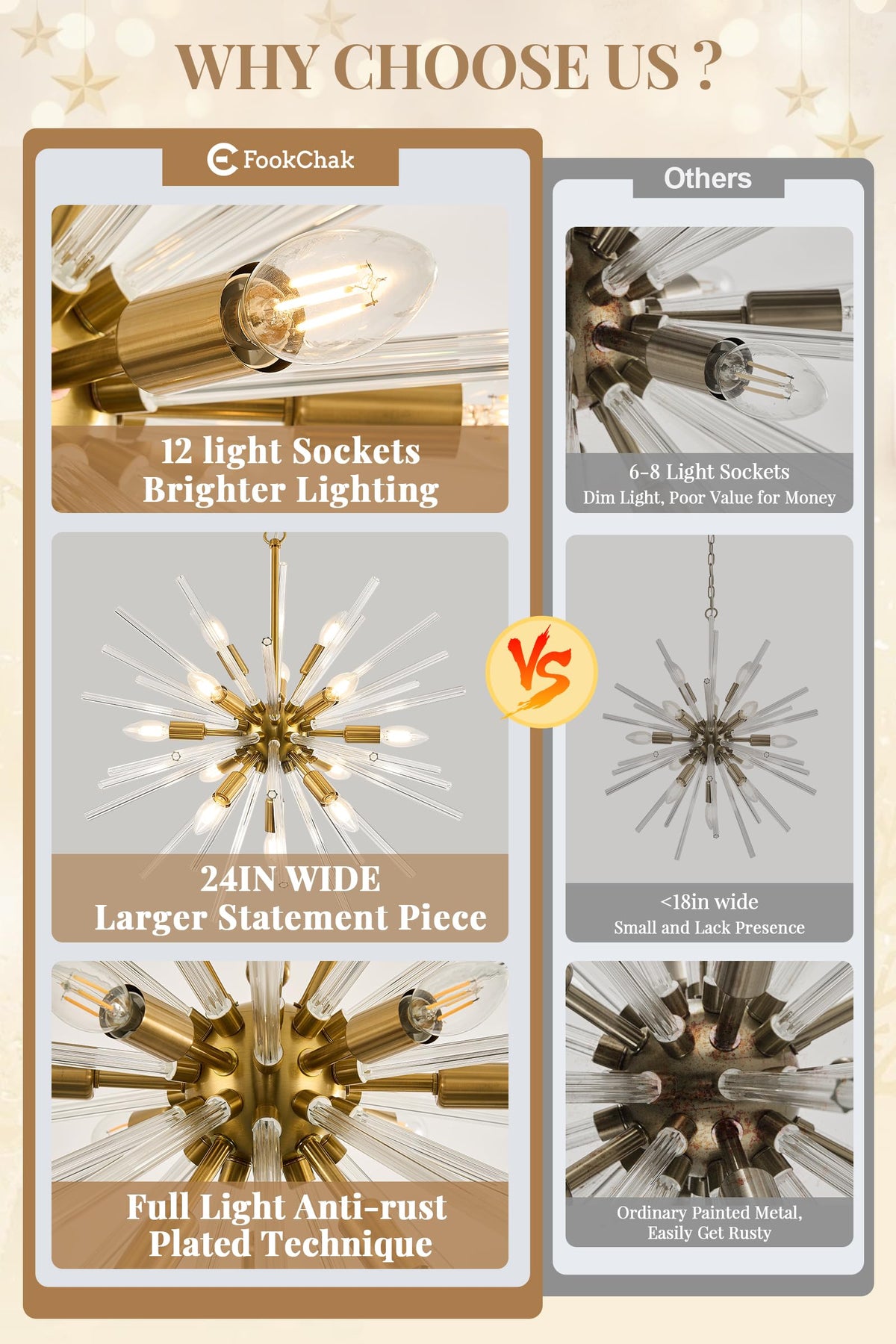 Starburst Glass Chandelier for Entry Foyer Gold Crystal Chandelier 24in (Gold / Clear / 24.10 inch)