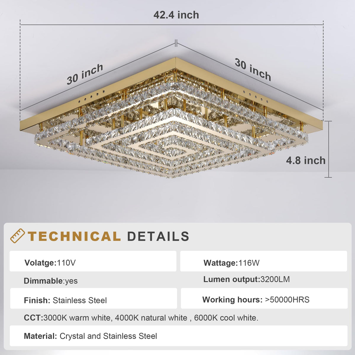 43 inch Gold Crystal Chandeliers LED Ceiling Light (Gold / Square 43 inch)