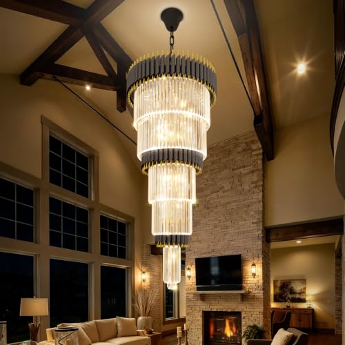 Staircase Chandeliers for High Ceiling Large Black and Gold Crystal Chandelier Long Entryway Chandeliers Adjustable Chain for Foyer Living Room Entryway 24″W x 48″H (D24"XH48" Black)