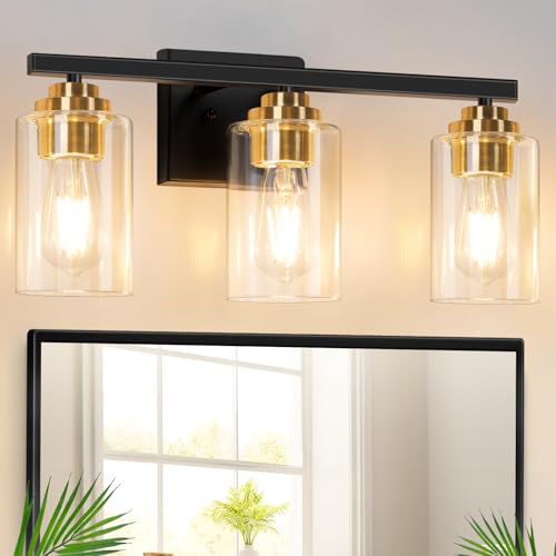 19" Black & Gold Modern Vanity Lights Over Mirror with Clear Glass Shades (Black & Gold / 3-Light)