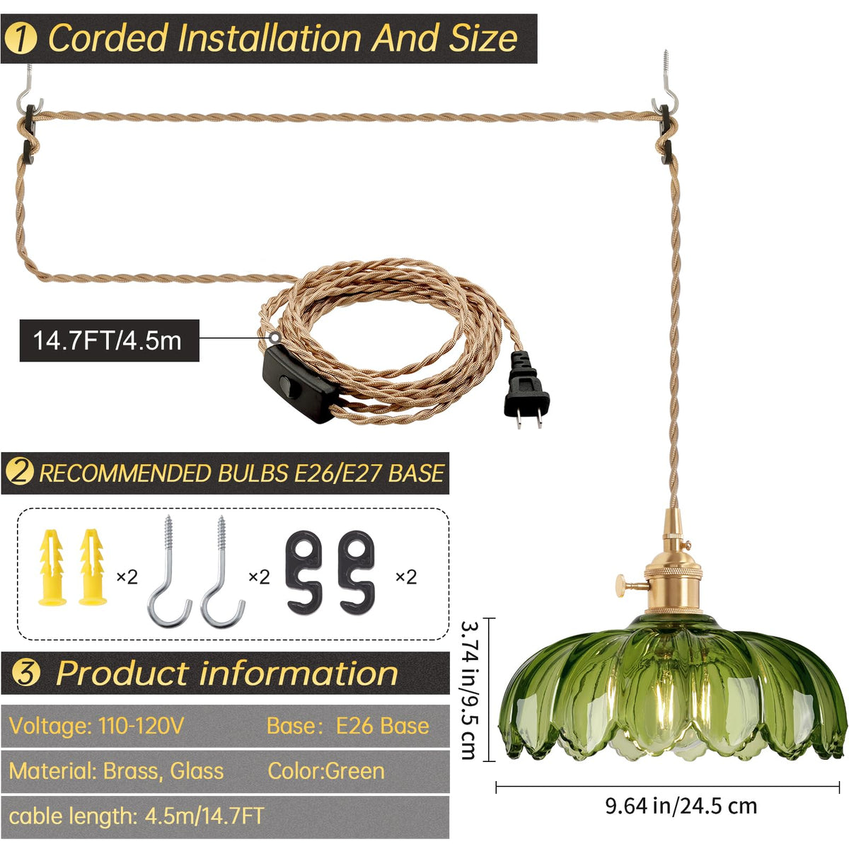 Plug in Pendant Light Hanging Light Fixtures with Plugin Cord On (Yellow Green)