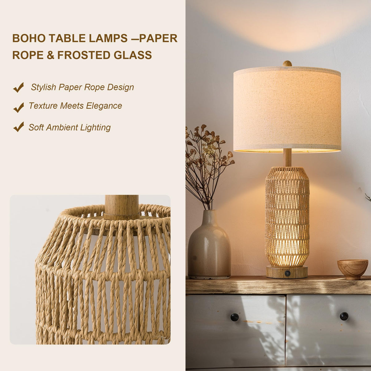 25" Table Lamps Set of 2 with Night Light (Wood-Grain)