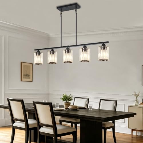 Modern Island Lights for Kitchen Crystal Linear Black Chandelier Over Table (Black-5 light)