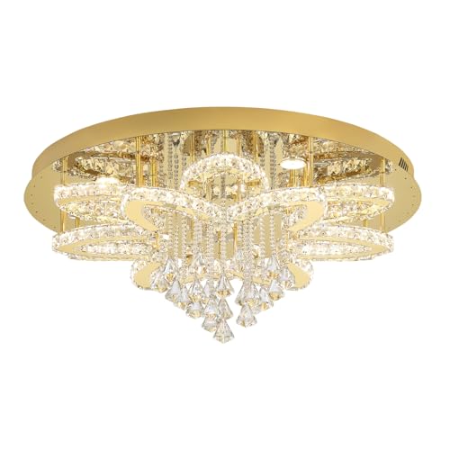 W32 Modern Crystal Chandelier for Living Room Gold Raindrop Chandelier Flush Mount Chandeliers for Foyer Dining Room Hallway Dimmable 2700K (Gold / W:32inches)